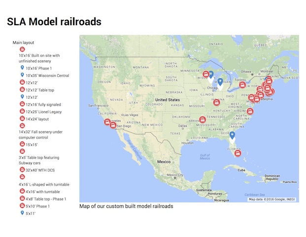 Map locations of installations of SLA custom model railroads